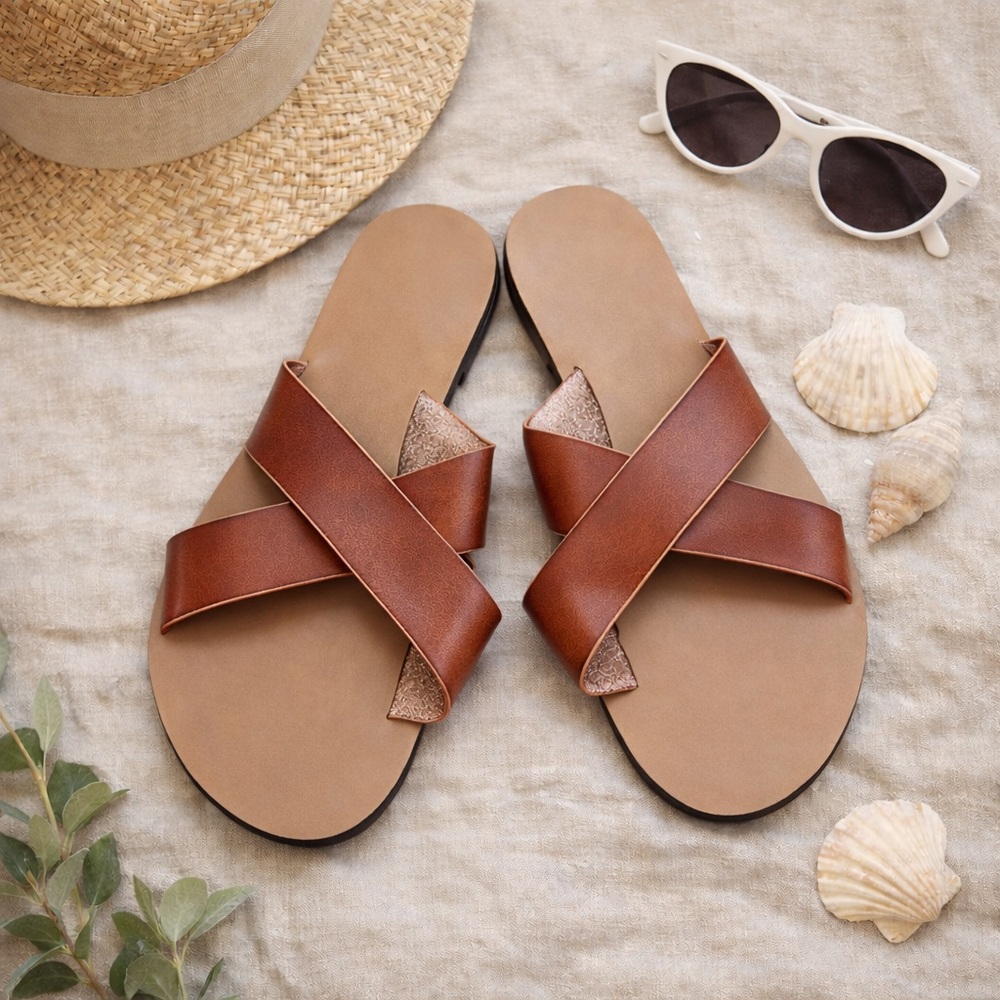 J.Crew Cognac Leather Cross-Strap Slide Sandals Size 8 Coastal Chic